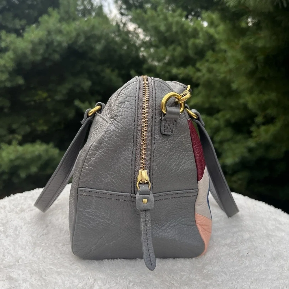 Fossil Satchel Patchwork Leather Geometric Crossbody Bag Purse Gray